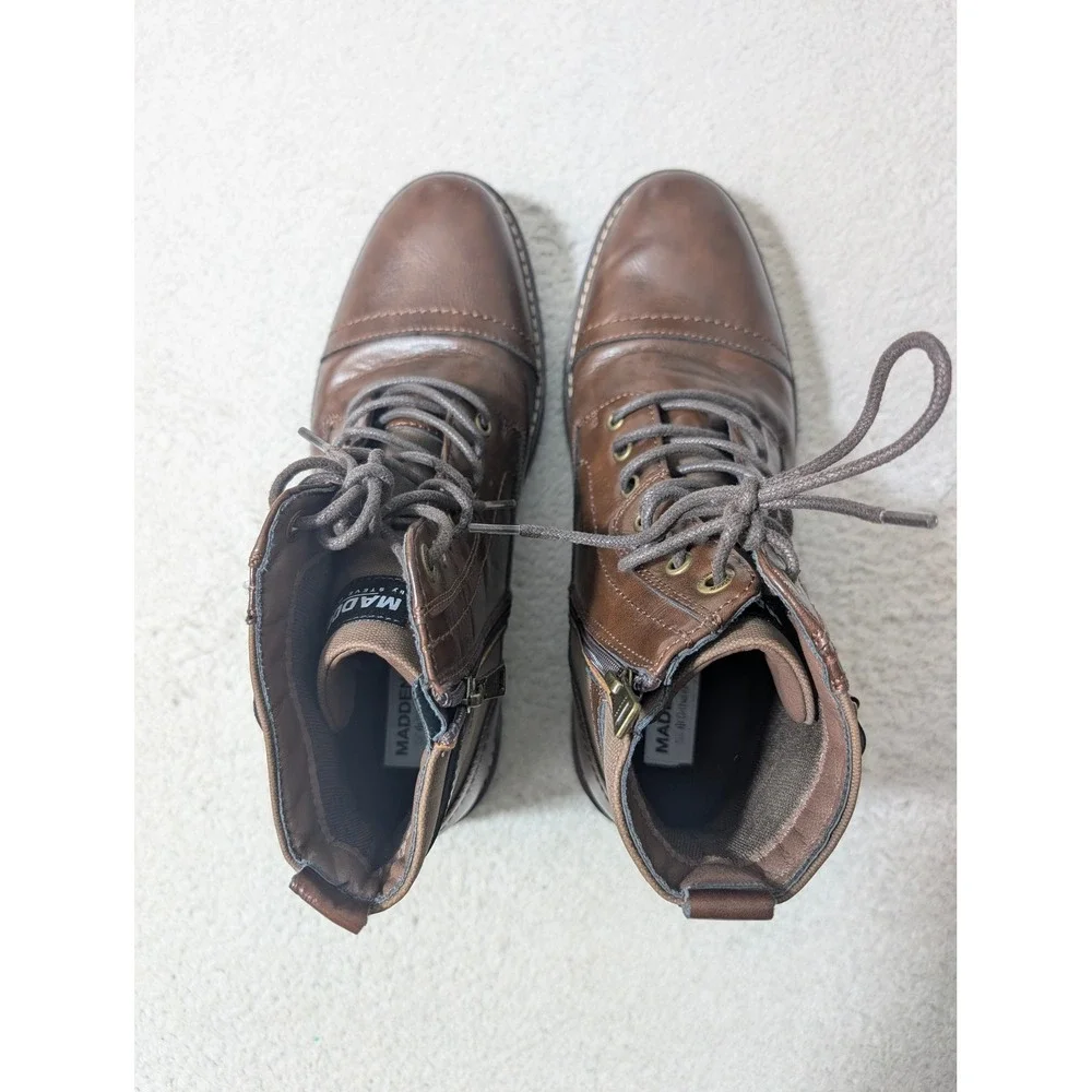 Madden by Steve Madden Boots Men 9.5 Brown Cap Toe Side Zip Buckle Combat *MINT*